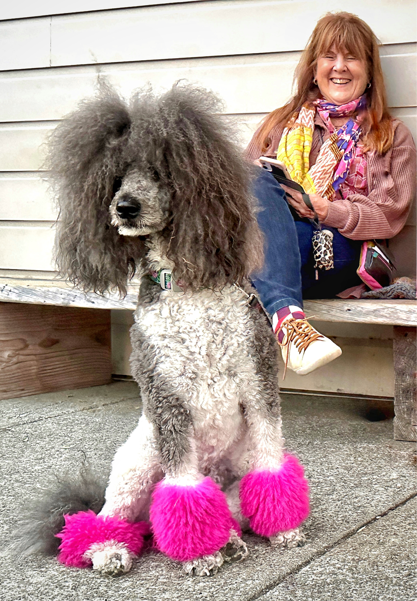 A woman is sitting on a bench next to a poodle.