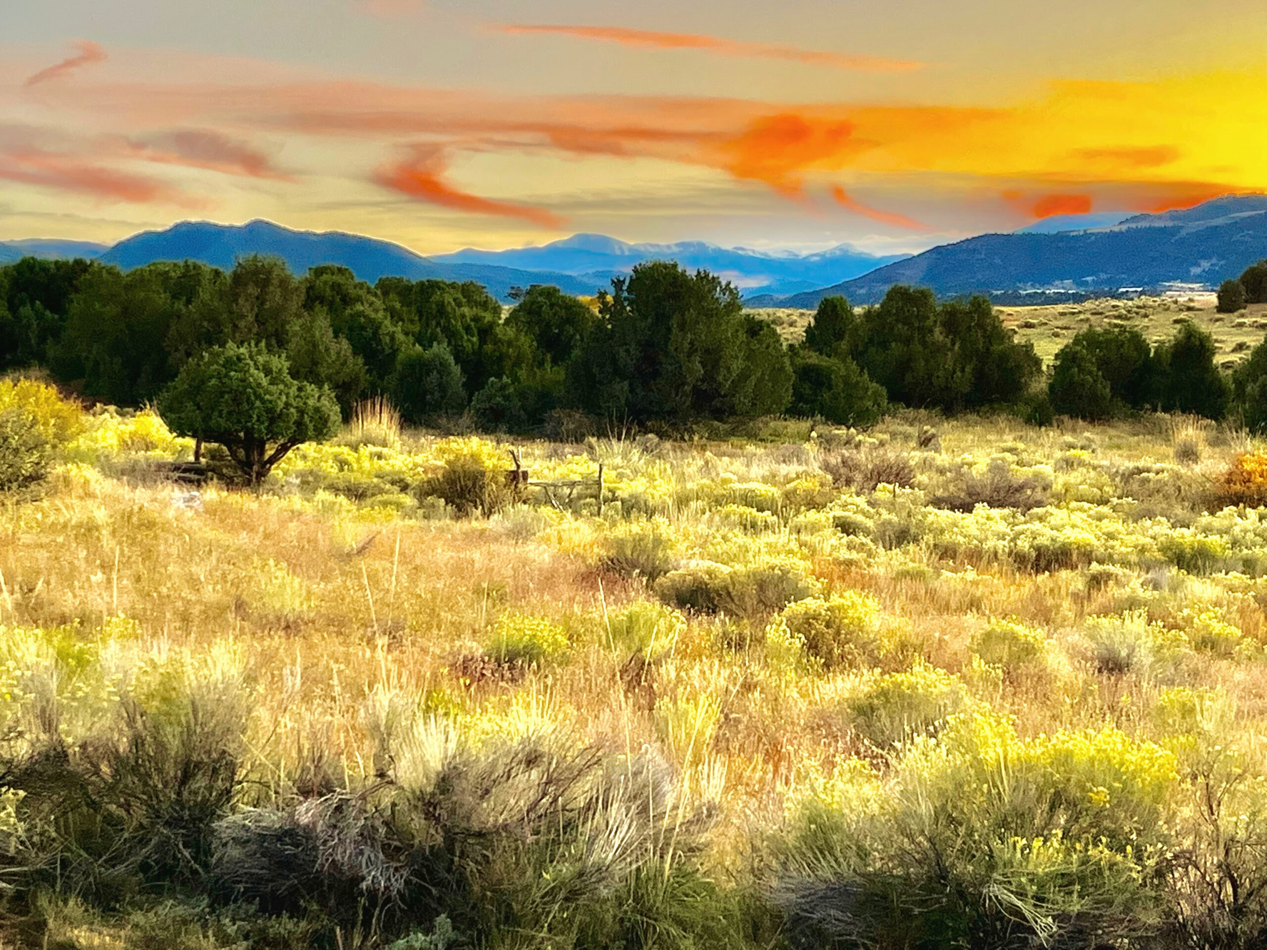 A sunset over a grassy field with mountains in the background.
