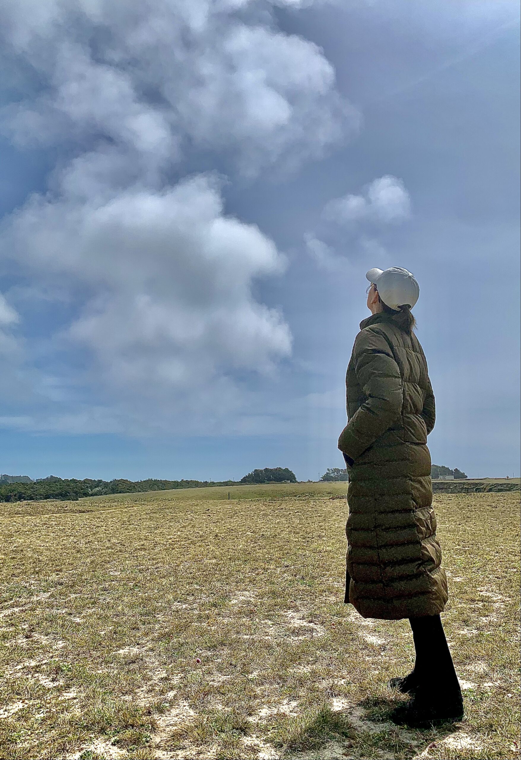 A woman standing in a field looking up at the sky.